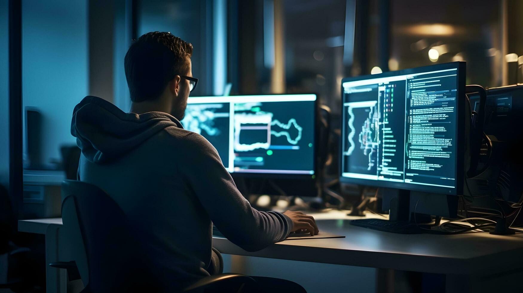 AI generated Programmer Analyzing Data in Night Office with Multiple Computers photo
