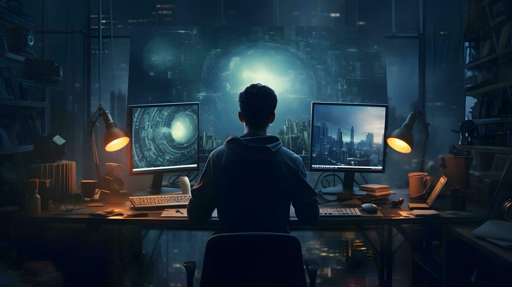 AI generated Nighttime Programmer with Dual Monitors and Holographic Globe photo