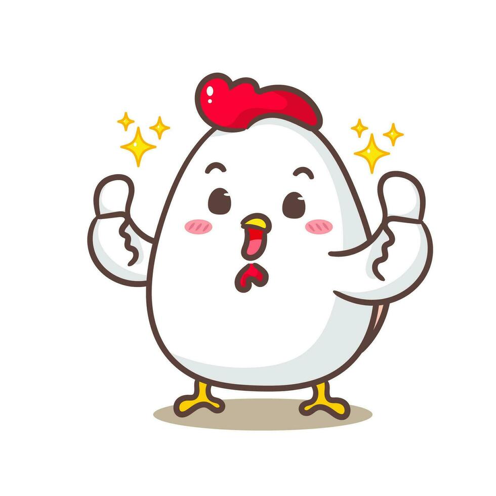 Cute chicken showing thumbs up cartoon. Adorable kawaii Animal concept design. Hand drawn mascot and logo vector illustration. Isolated white background.