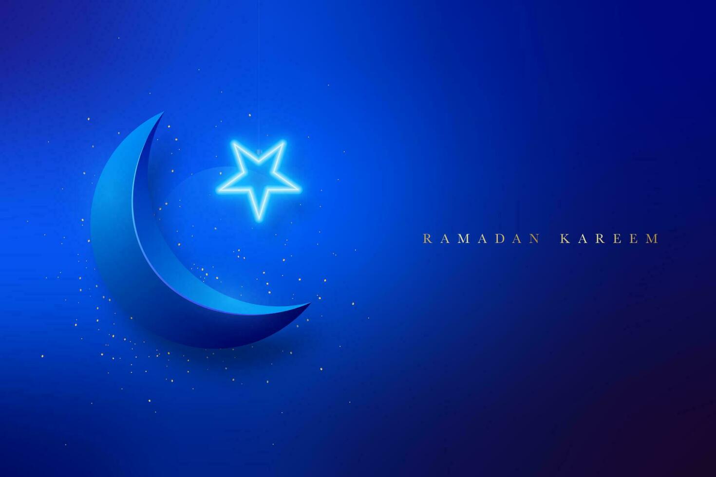 Ramadán kareem lujo bandera con brillante creciente luna, brillante neón estrella y dorado Brillantina. vector