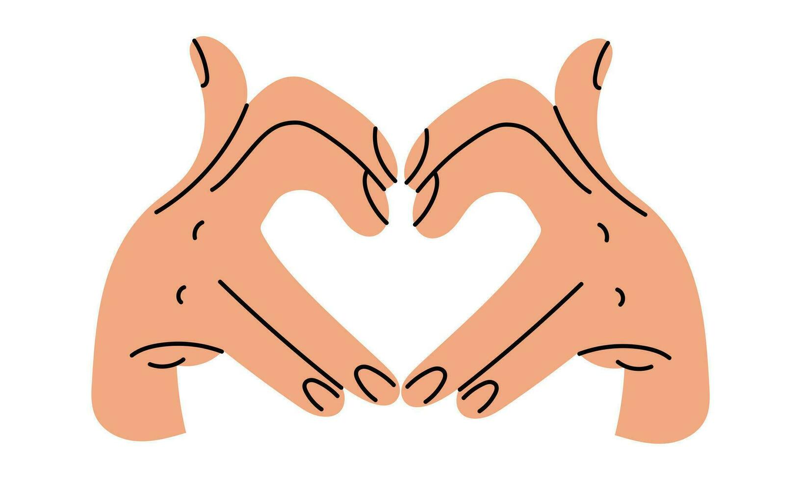 Hands shows a heart-shaped gesture, an artistic illustration of a hand drawing line. Fingers fold a heart on a white background. The concept of human body language denoting love. Vector illustrations