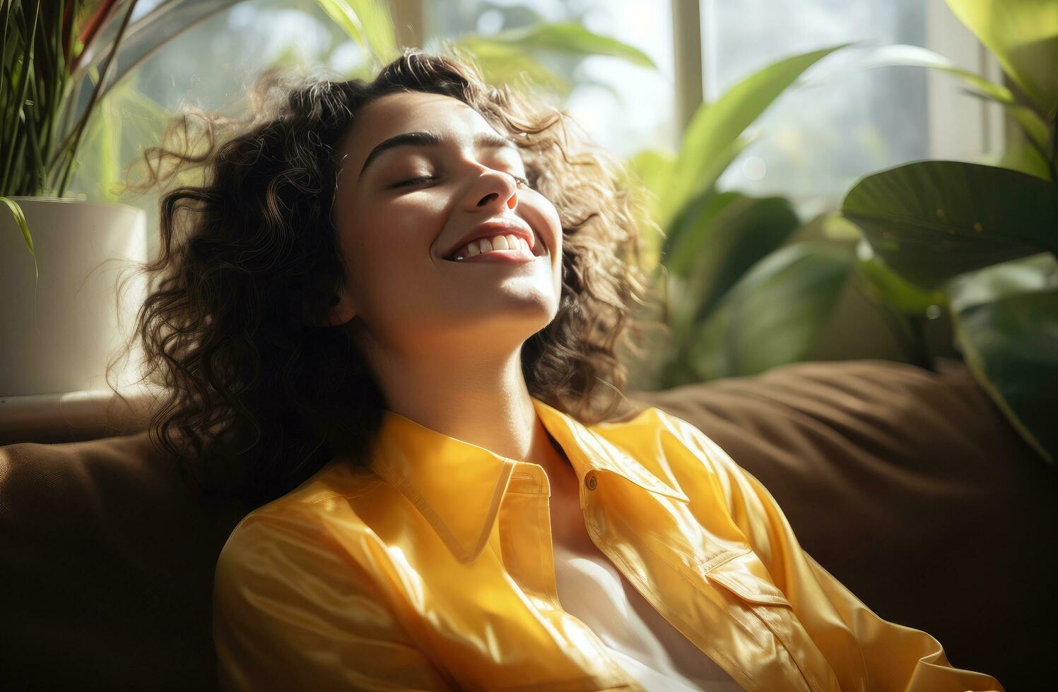 AI generated woman in yellow shirt smiling to herself and resting on a couch photo