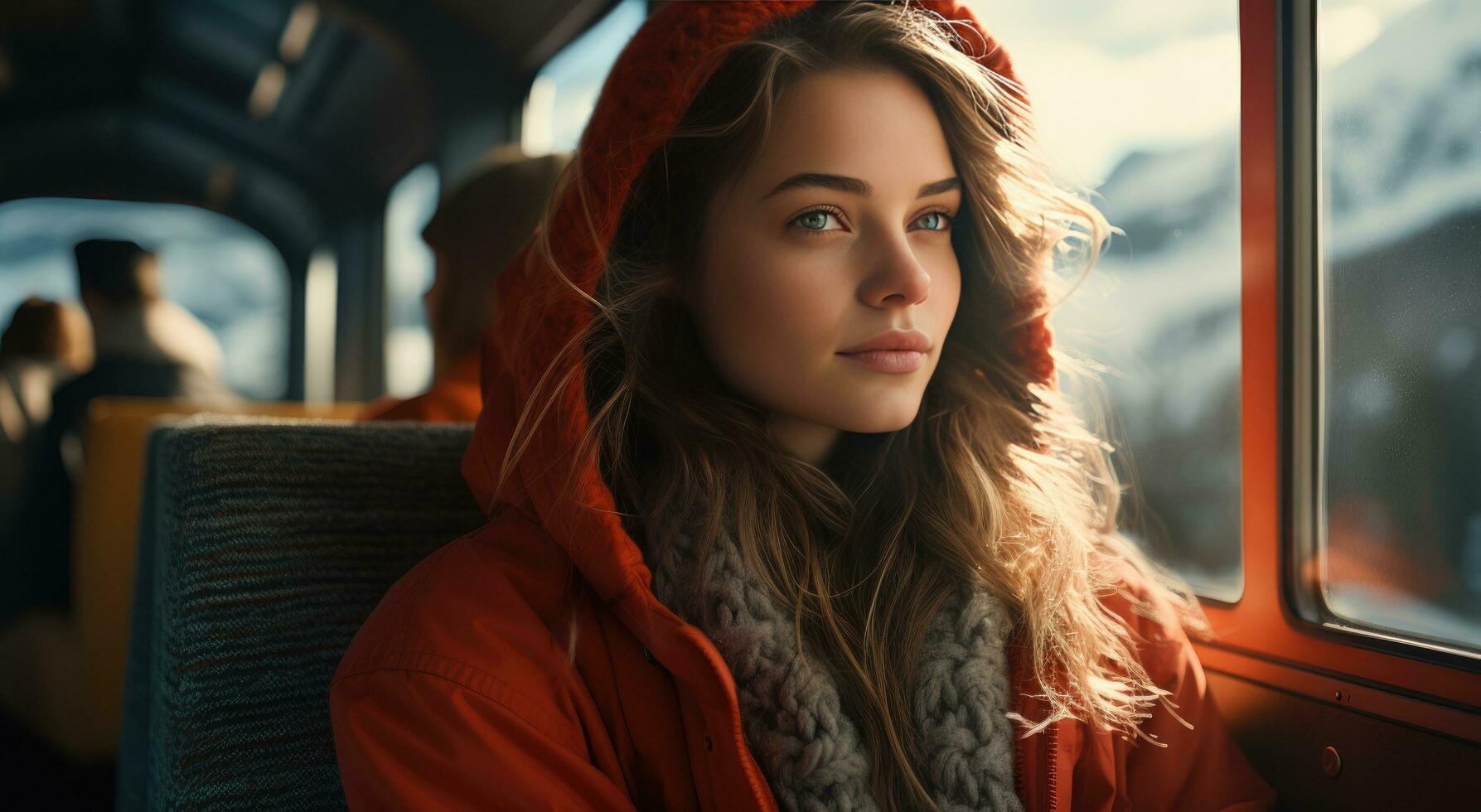 ai generado mujer es sentado en superpoblado tren mirando a montañas foto