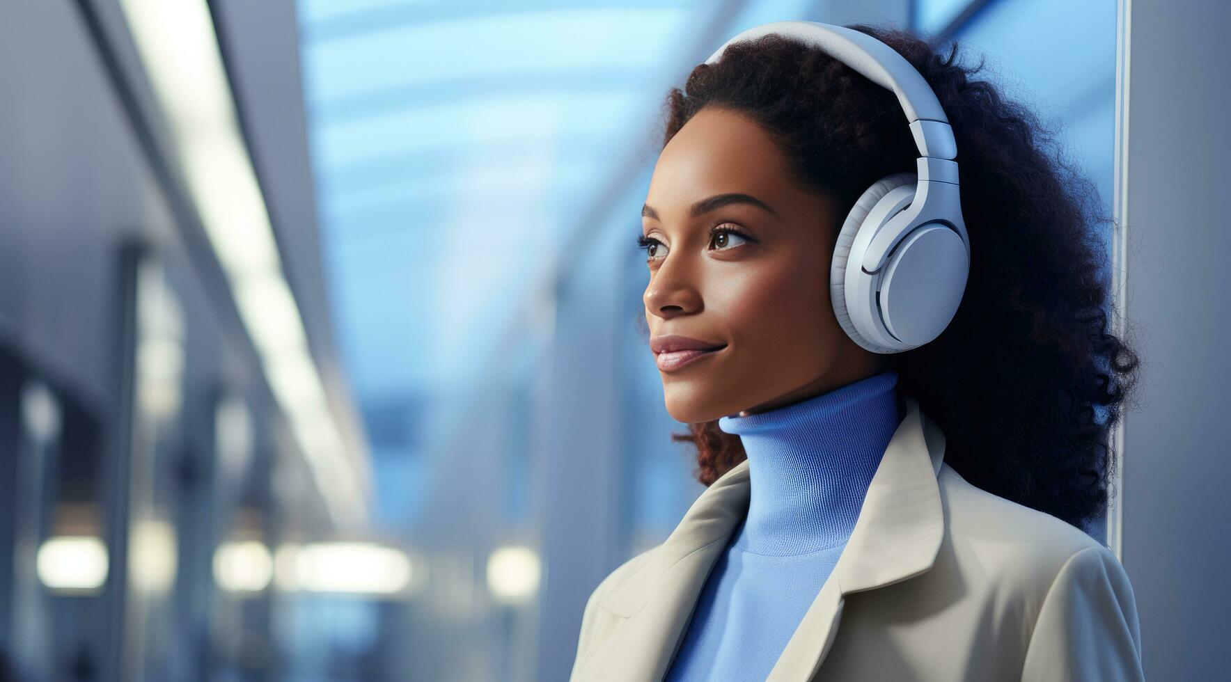 ai generado mujer vistiendo Bluetooth auriculares en el oficina foto