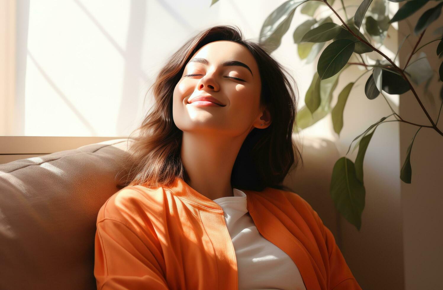 AI generated young healthy woman relaxing on couch with plant near window photo