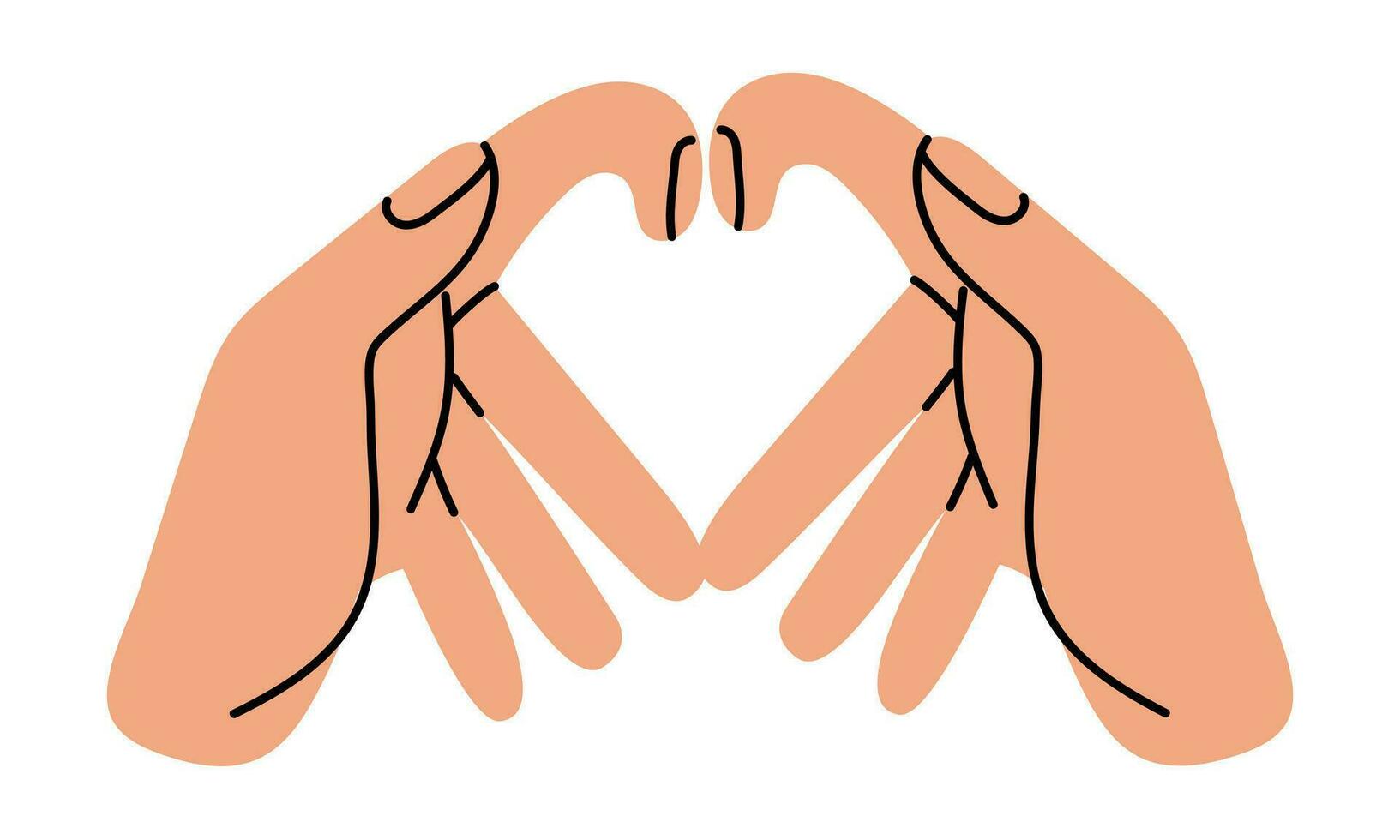 Hands shows a heart-shaped gesture, an artistic illustration of a hand drawing line. Fingers in the heart on a white background. The concept of human body language denoting love. Vector illustrations