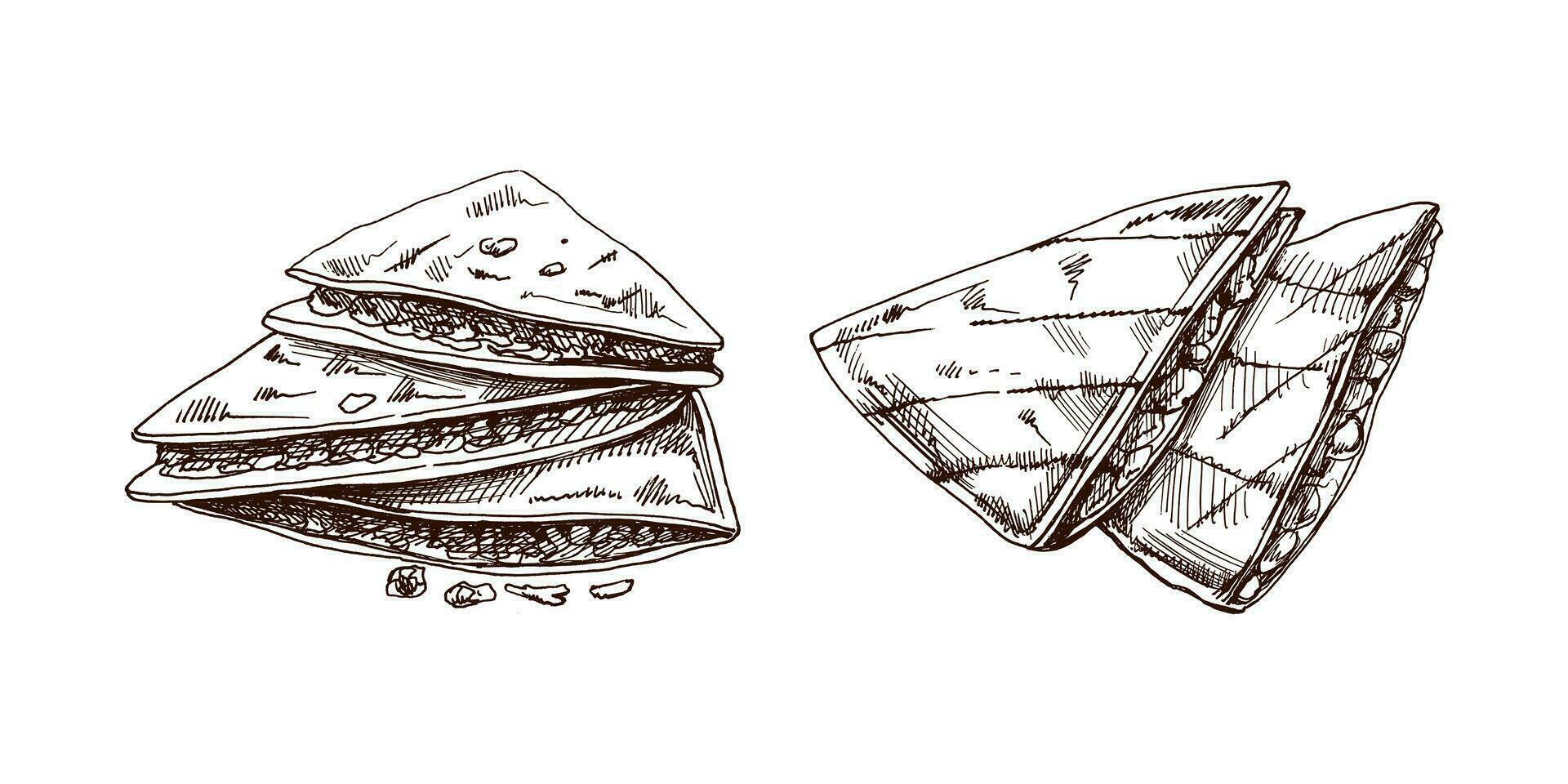 Hand-drawn set of quesadilla in sketch style. Vintage drawing of Mexican dish. Vector black ink outline food illustration. Mexican food, cuisine. An illustration for the menu. Latin America.