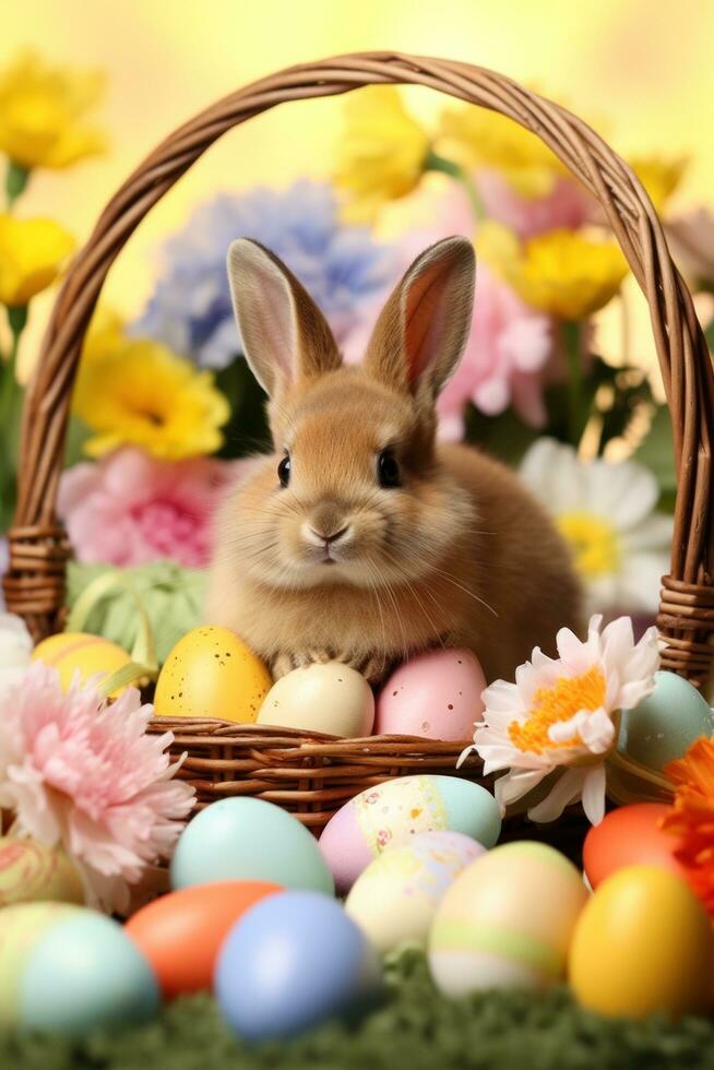 AI generated A whimsical photo of a bunny munching on a carrot, with Easter eggs and spring flowers