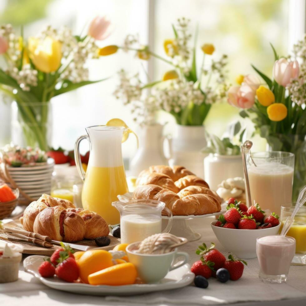 AI generated Easter brunch items, including pastries, fruits, and beverages, set against a festive background photo