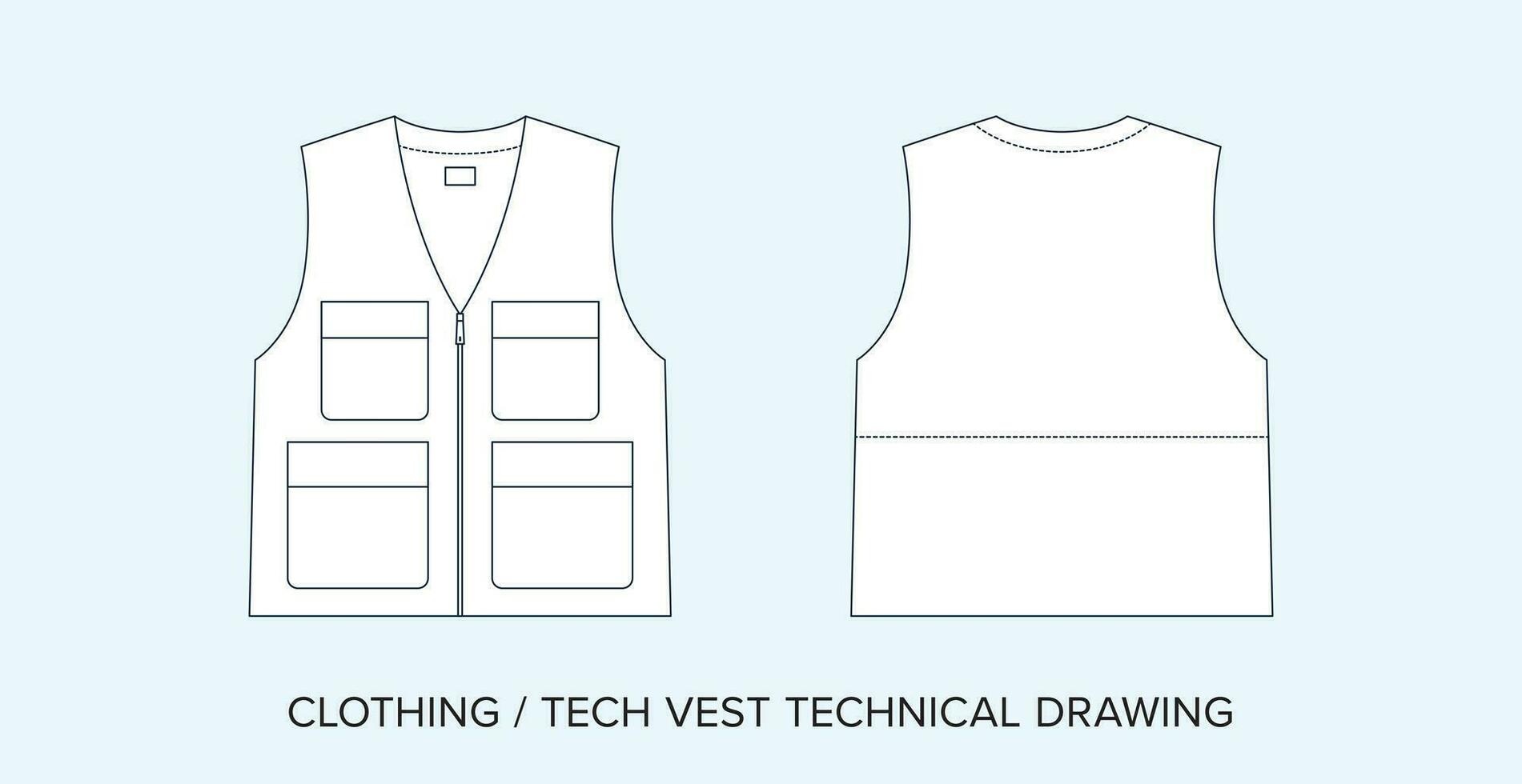Utility Vest with Pockets, Technical Drawing, Apparel Blueprint for Fashion Designers vector