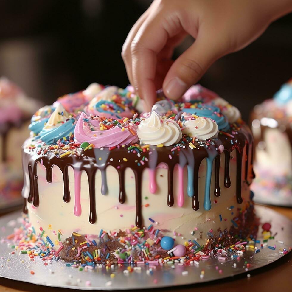 AI generated baker piping frosting onto a cake, with a variety of colorful icings and sprinkles in the background photo
