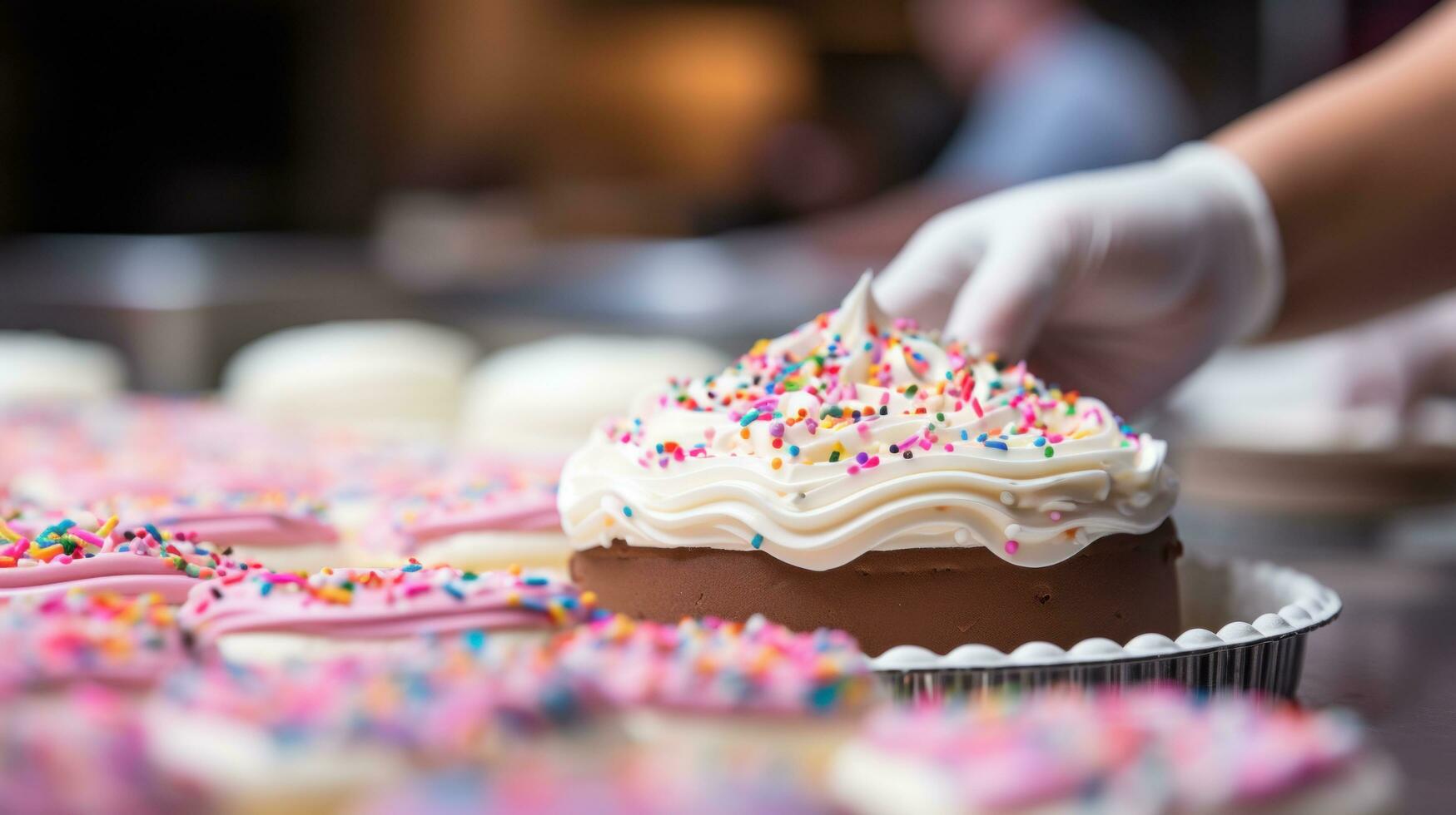 AI generated baker piping frosting onto a cake, with a variety of colorful icings and sprinkles in the background photo