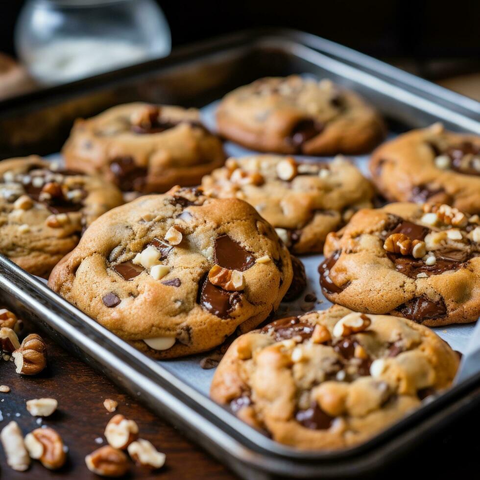 ai generado bandeja de recién horneado galletas, con chocolate papas fritas y trozos de nueces echar un vistazo fuera desde el masa. foto