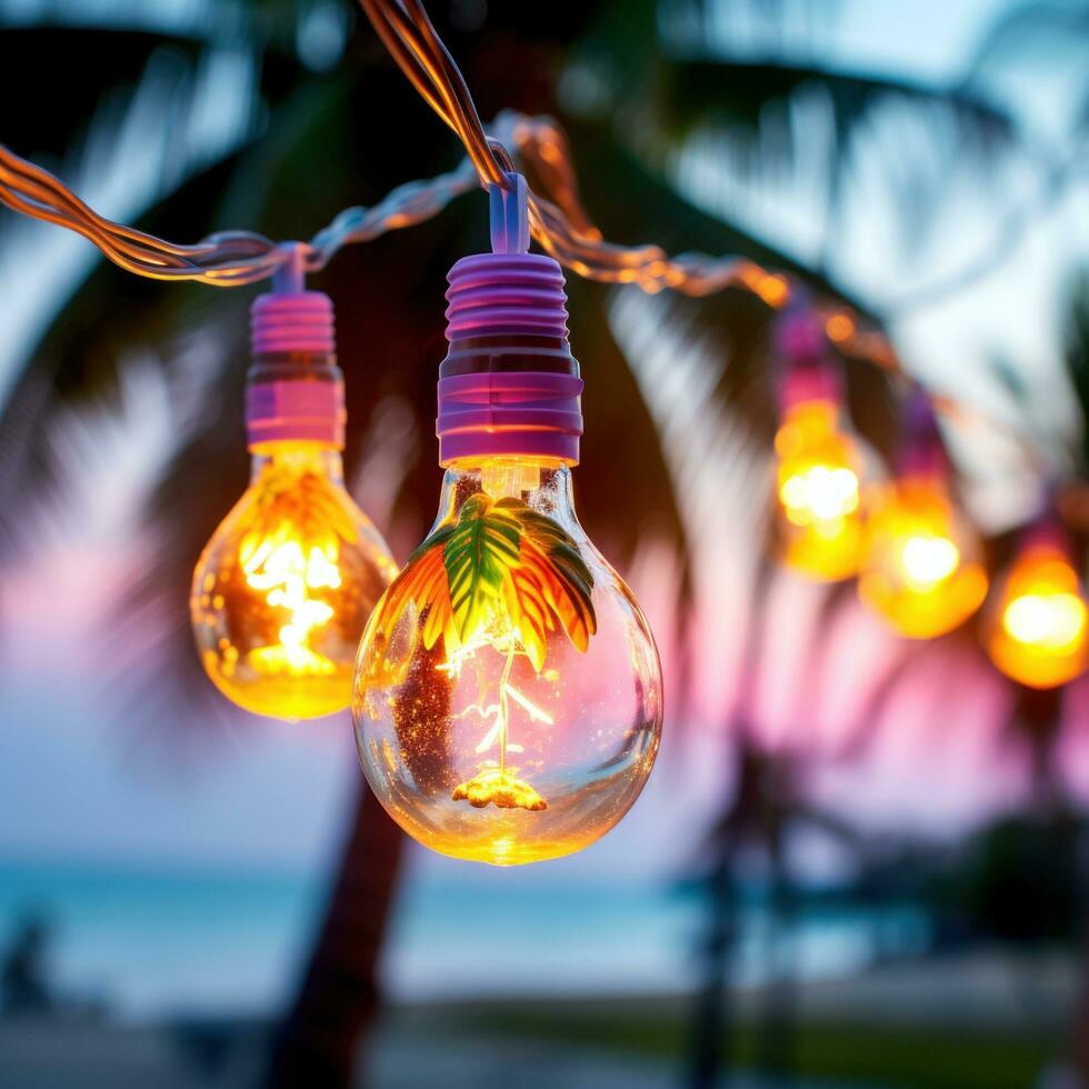 AI generated light bulb garland hanging between two palm trees on a beach photo