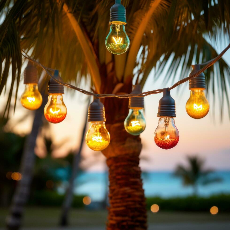 AI generated light bulb garland hanging between two palm trees on a beach photo