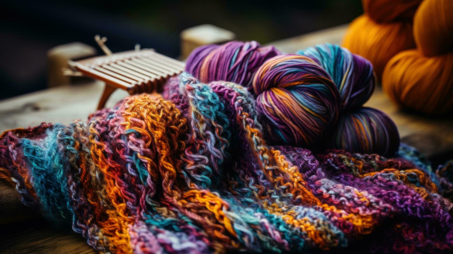 AI generated pair of hands knitting a colorful striped scarf photo