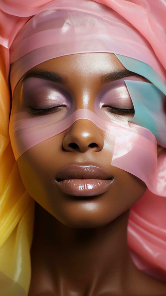 AI generated woman's face with a sheet mask on. The mask is brightly colored and covers most of her skin. photo