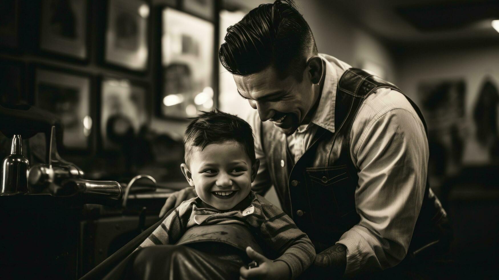 AI generated A black and white photo of a barber cutting a young boy's hair