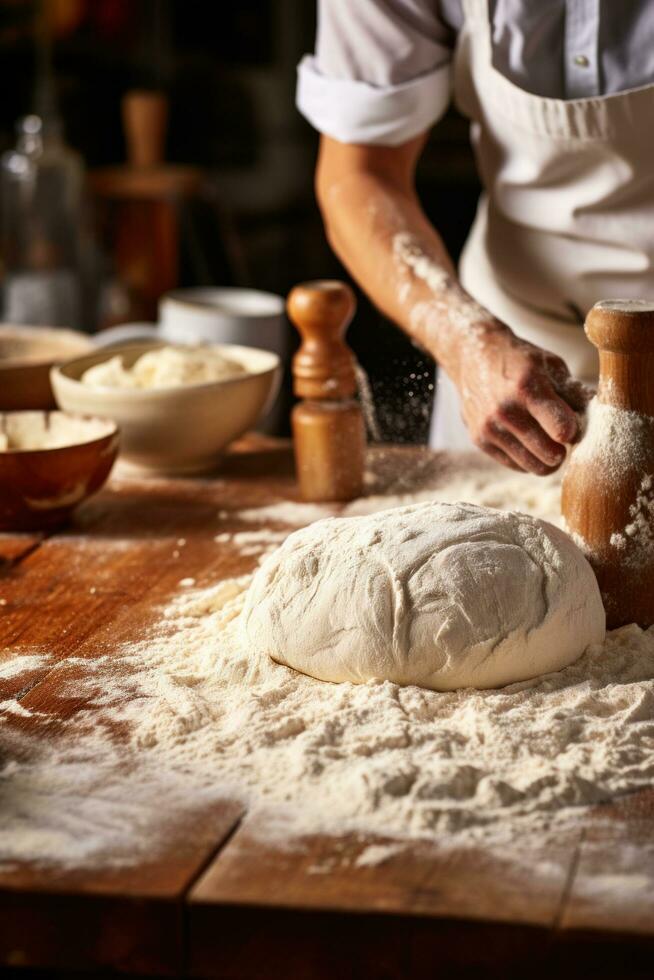 AI generated A candid shot of a baker dusting flour onto a work surface photo