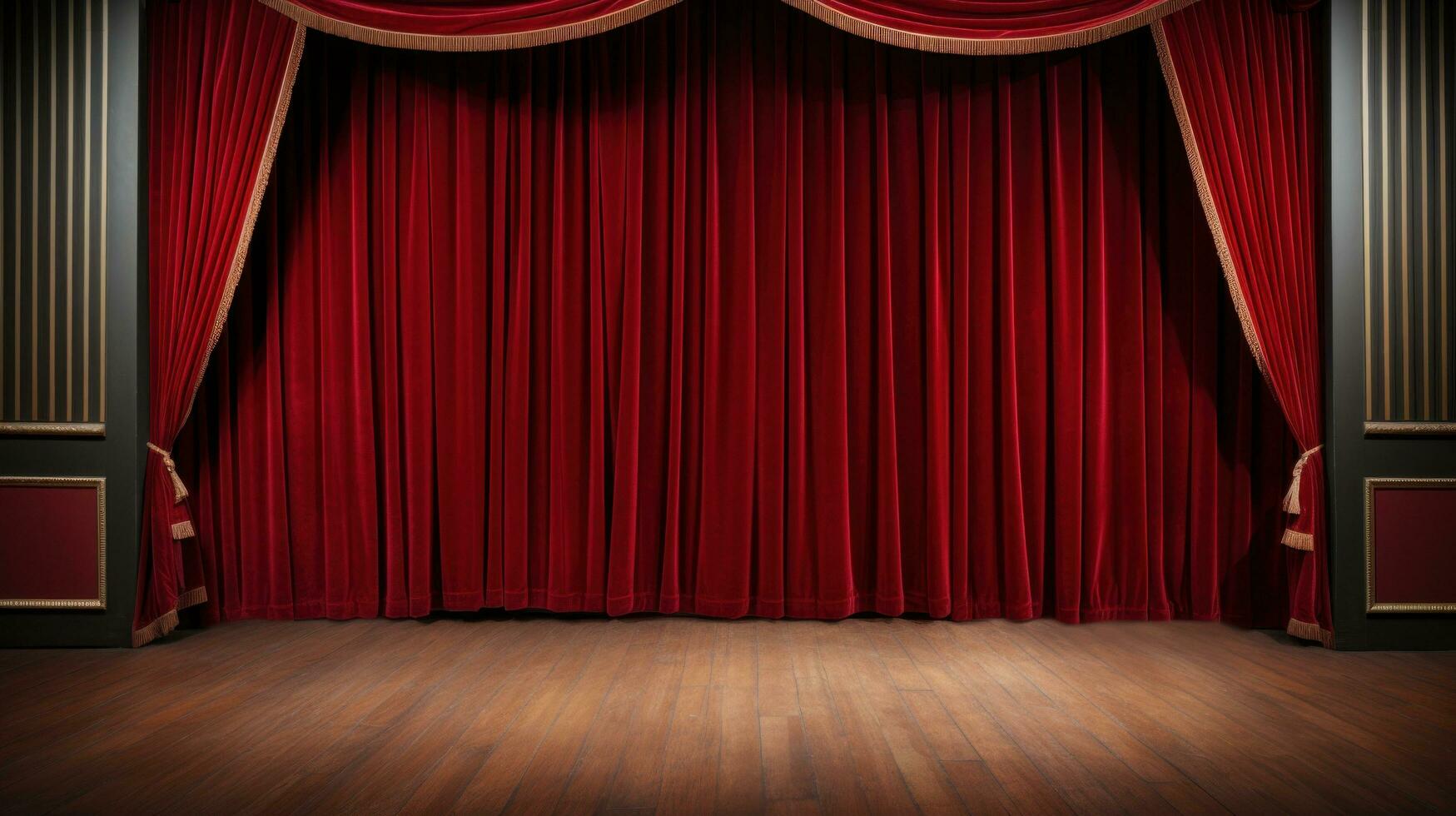 AI generated A classic theater stage with red velvet curtains and customizable copy text photo