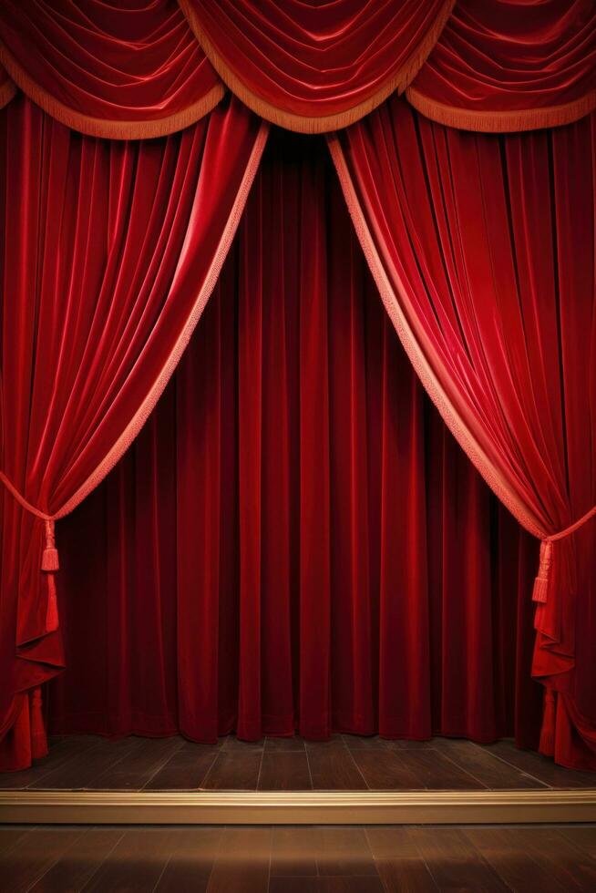 AI generated A classic theater stage with red velvet curtains and customizable copy text photo