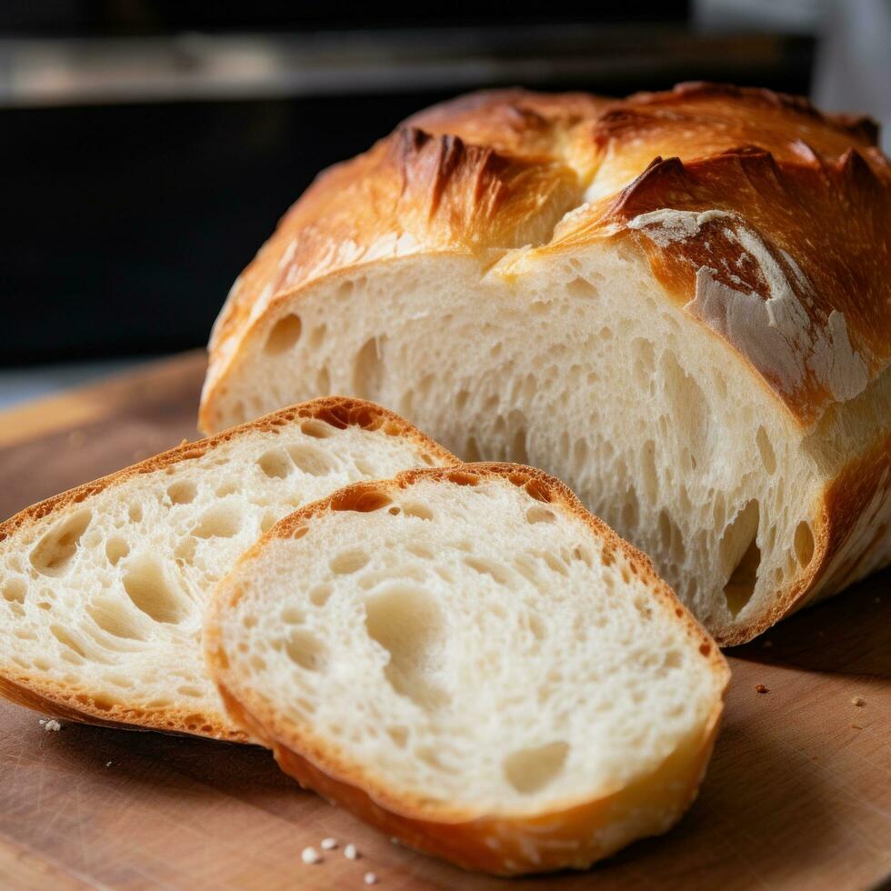 AI generated The crust of freshly baked bread is golden and crispy, while the inside is soft and fluffy photo