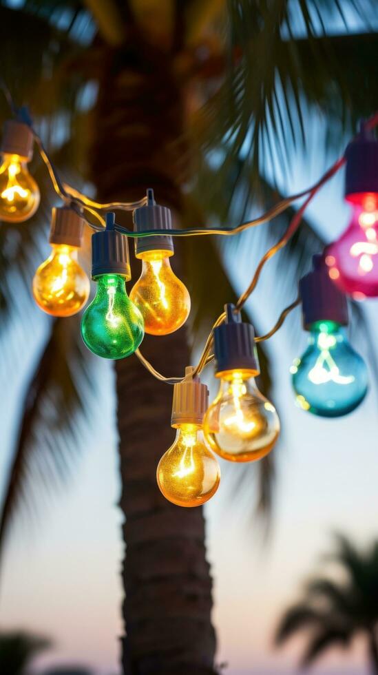 AI generated light bulb garland hanging between two palm trees on a beach photo