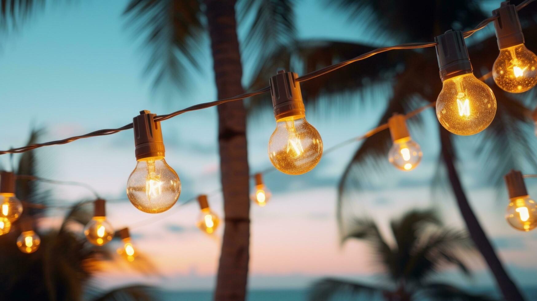 AI generated string of light bulb garlands hanging between two palm trees on a beach photo