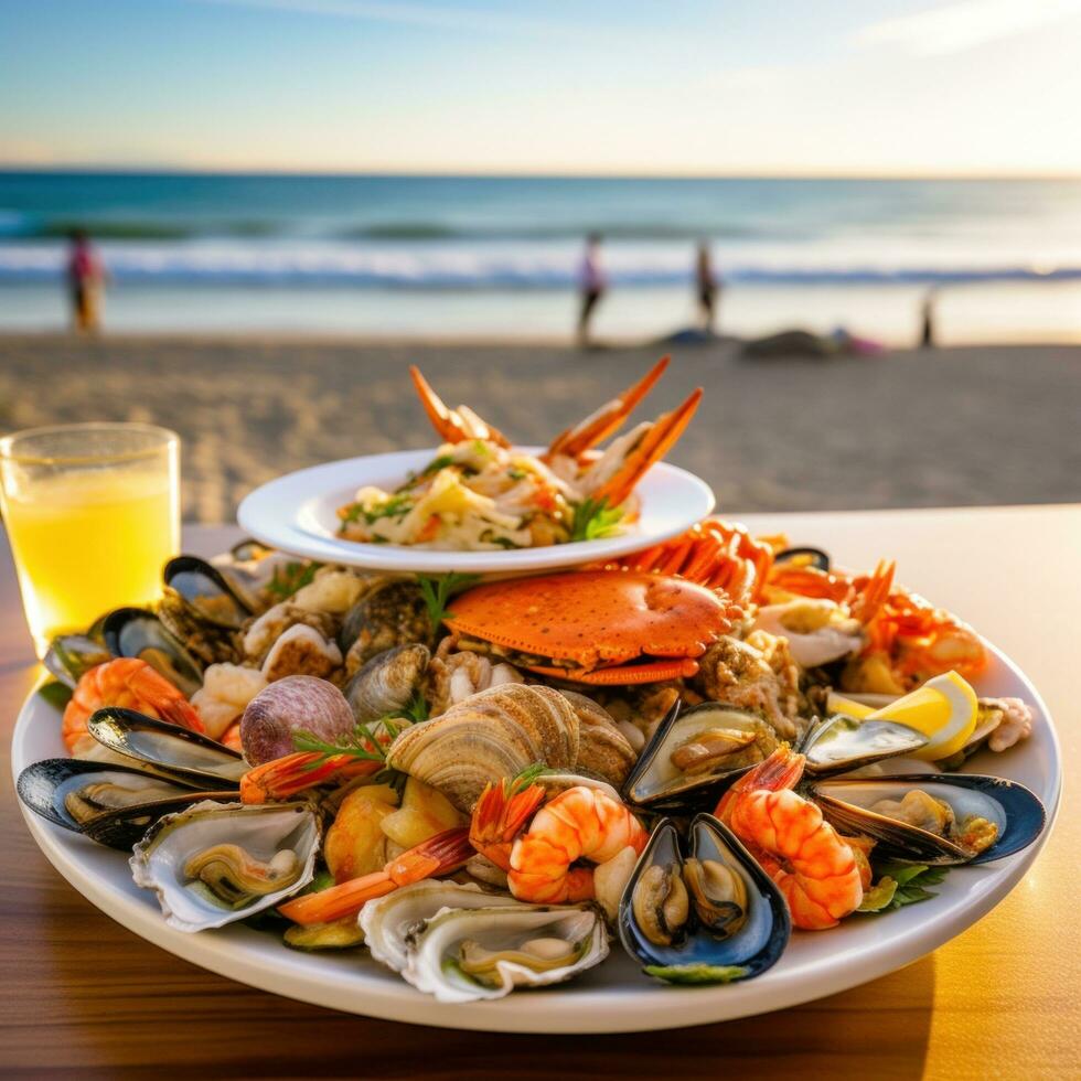 AI generated plate of delicious seafood appetizers served on a beach table with a picturesque view of the sea photo