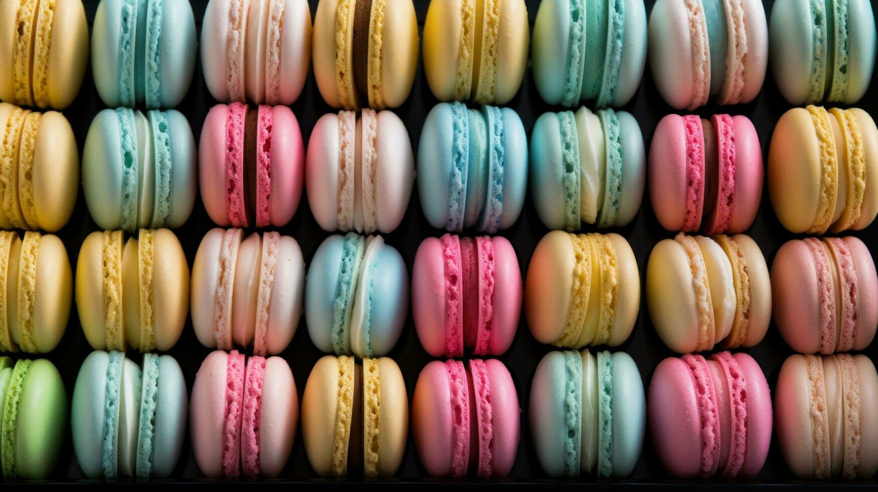 AI generated display case filled with colorful macarons, arranged in rows and hues of pastel pink, blue, green photo