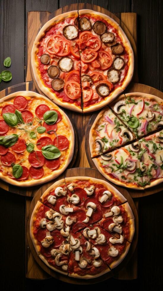 AI generated different types of pizza, including classic margherita, pepperoni, and mushroom photo