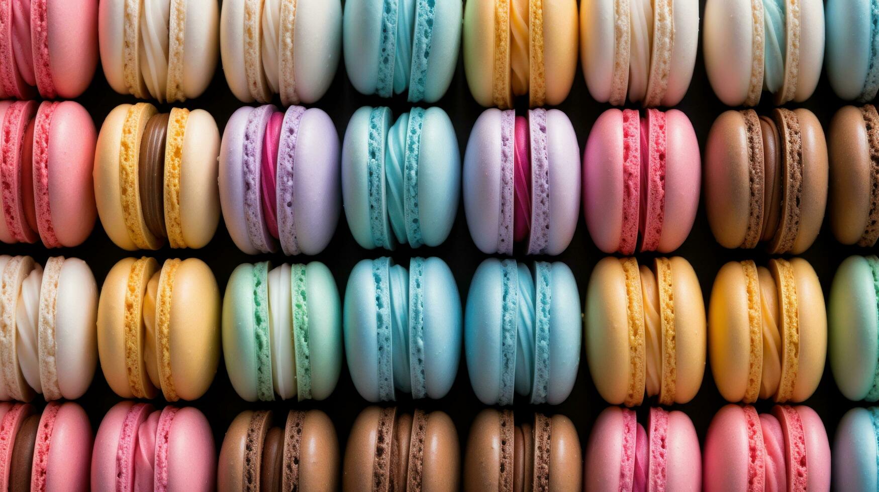 AI generated display case filled with colorful macarons, arranged in rows and hues of pastel pink, blue, green photo