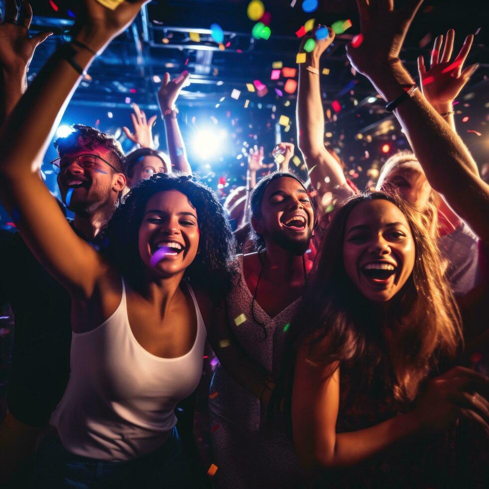 AI generated A group of friends dancing together under colorful lights and a disco ball in a crowded nightclub photo