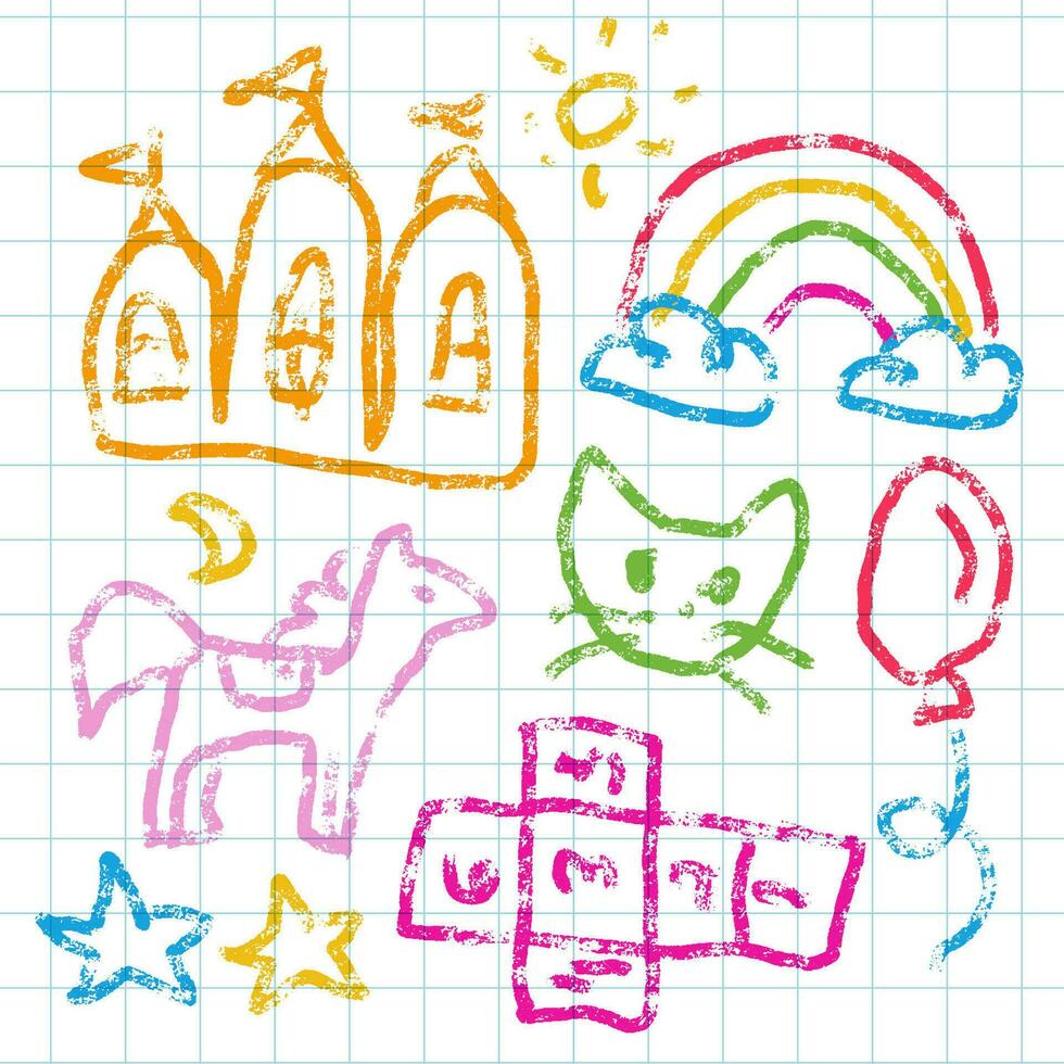 Child drawings set with crayon rough strokes. Kids doodle, children crayon drawing and hand drawn castle rainbow, horse pastel pencil doodle vector illustration