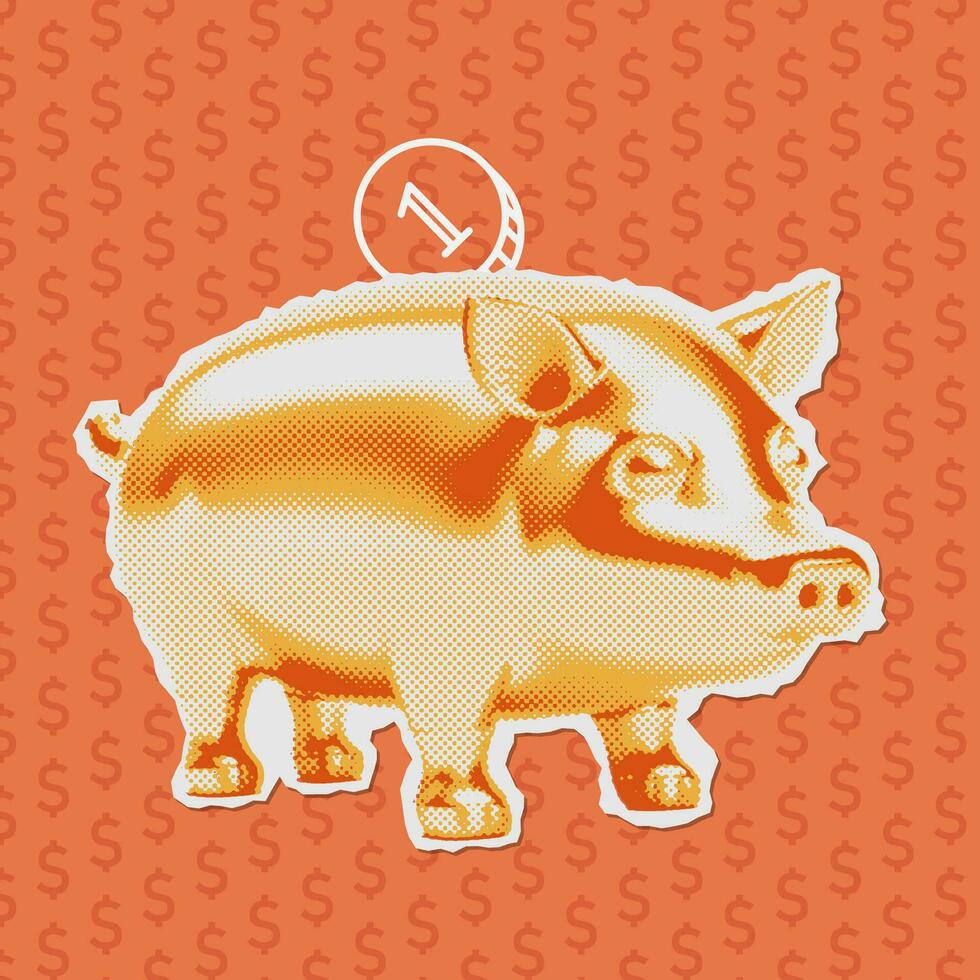 Halftone golden piggy bank collage. Mixed media retro design element in trendy magazine style. Vector illustration with vintage cutout shape.
