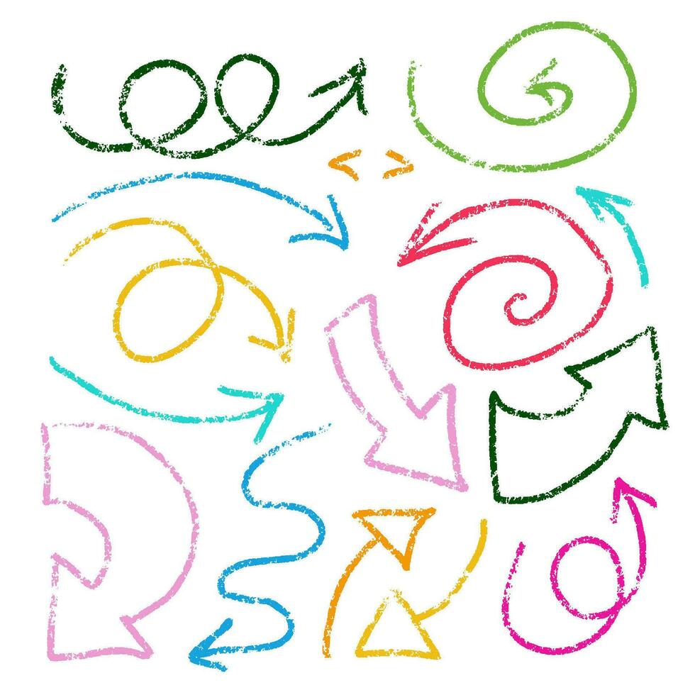 Charcoal arrows icons set. Hand drawn freehand different curved lines, swirls arrows. Crayon strokes drawing, colorful smears. Direction pointers. Scribbles and scrawls. Textured vector illustration.