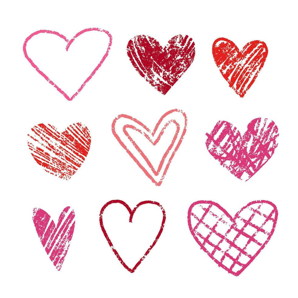 San Valentín día conjunto de mano dibujado pastel corazones. rosado lápiz de color golpes corazones aislado en el blanco antecedentes. bosquejo de varios vector corazones.