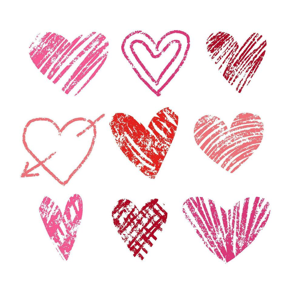 corazones conjunto con lápiz de color golpes eclosión. mano dibujado texturizado mano dibujado vector ilustraciones para San Valentín día.
