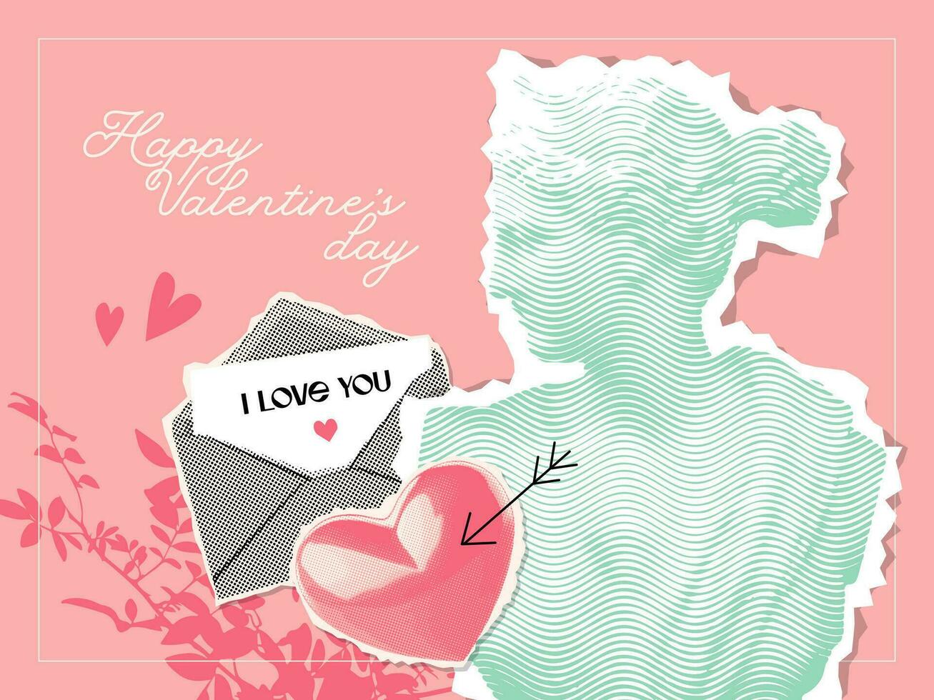 hembra antiguo estatua con un trama de semitonos efecto en un retro collage estilo con vector gráfico elementos - corazón y amor carta. contento San Valentín día bandera vector diseño en Clásico mezclado medios de comunicación estilo.