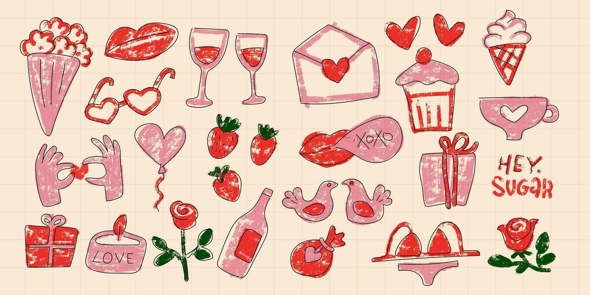 Hand drawn valentines day elements in rough crayon drawing style. Cute red and pink elements. Design set for Valentine s Day with hand drawn stickers, cards. Vector illustration