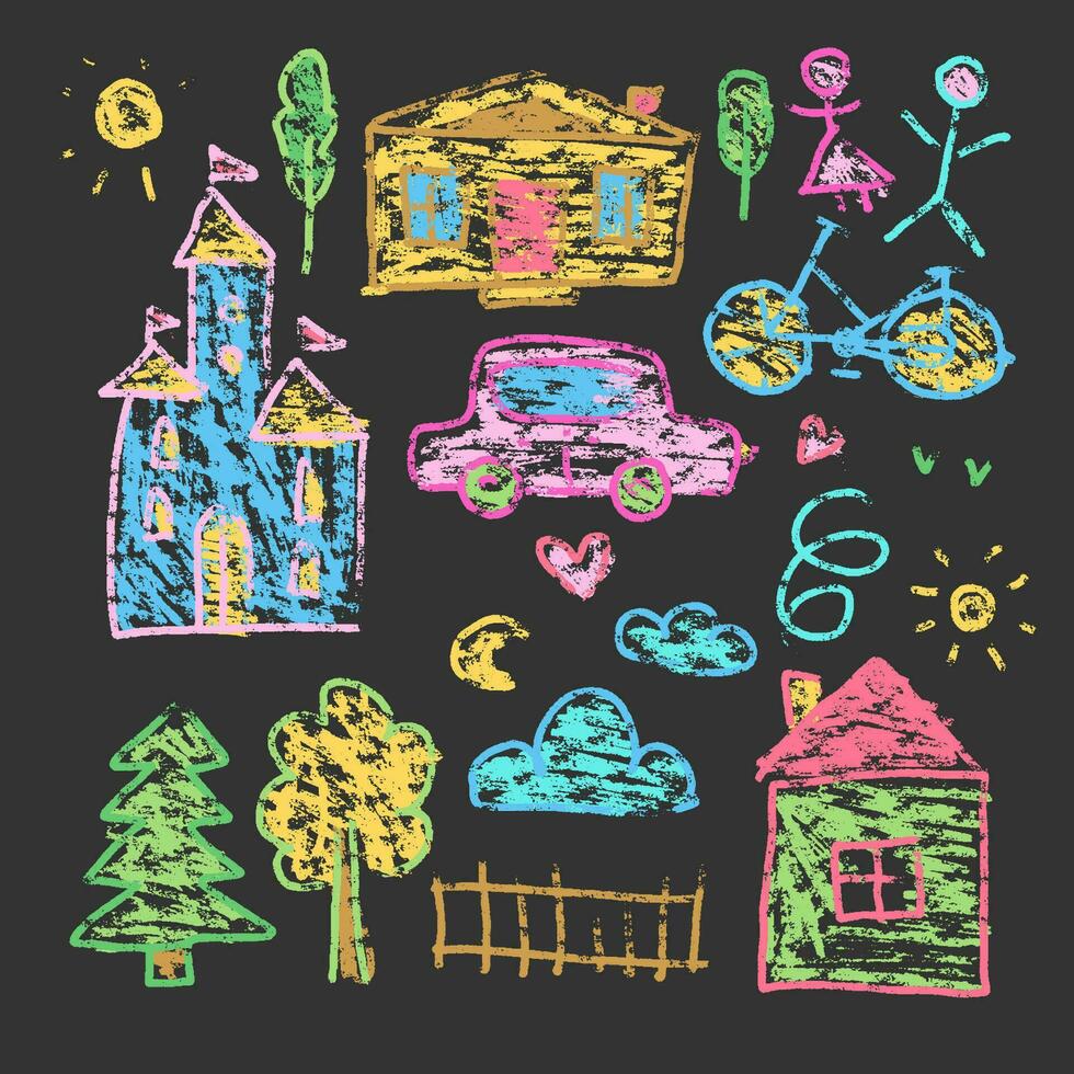 Chalked kids drawing on asphalt background. Textured rough Vector illustration. Cute houses, castle, humans and trees