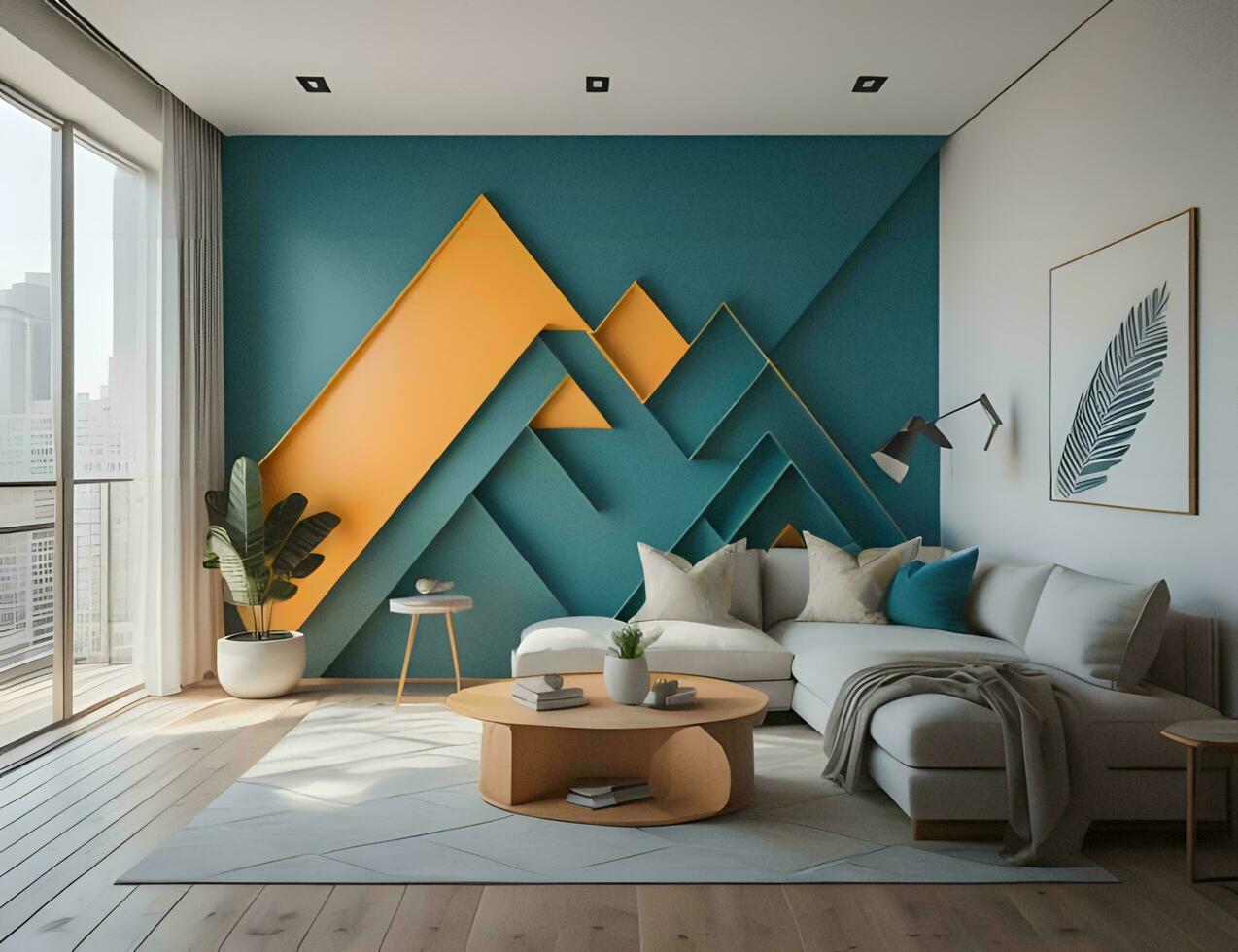 AI generated Interior of modern living room with green walls, wooden floor, comfortable white sofa standing near coffee table and abstract painted wall. generative ai photo