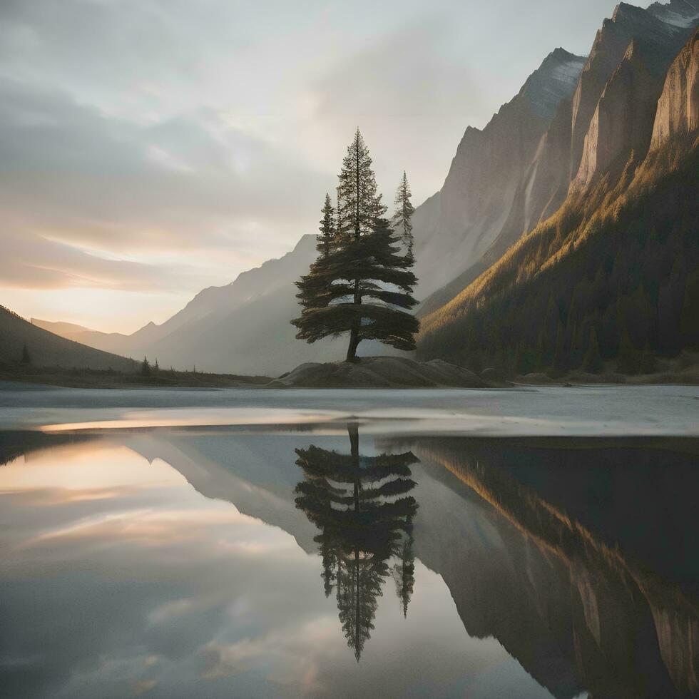 AI generated Reflection of a pine tree in Lake Louise. generative ai photo