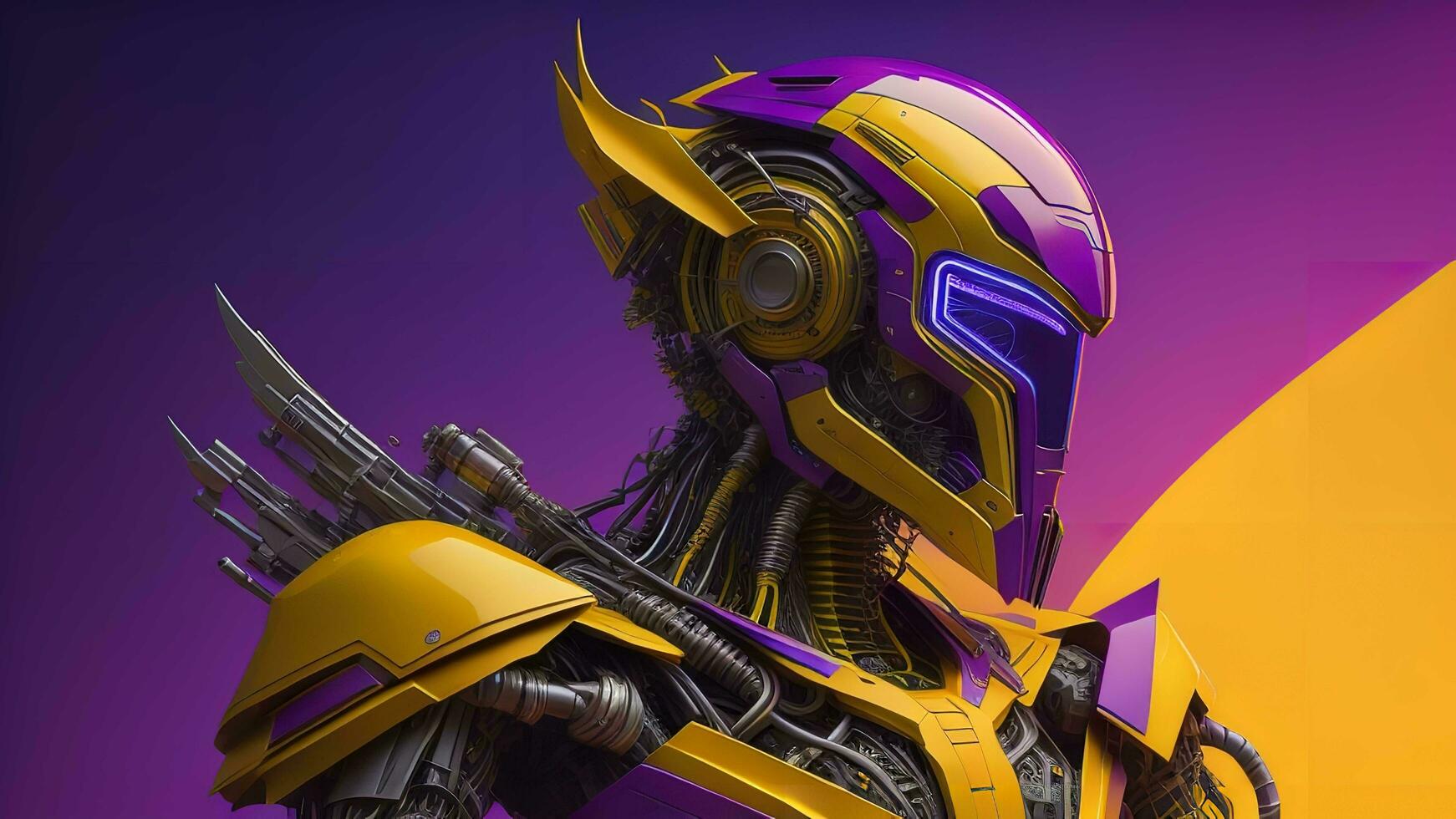 ai generado cyborg en casco y armadura en púrpura antecedentes. generativo ai foto