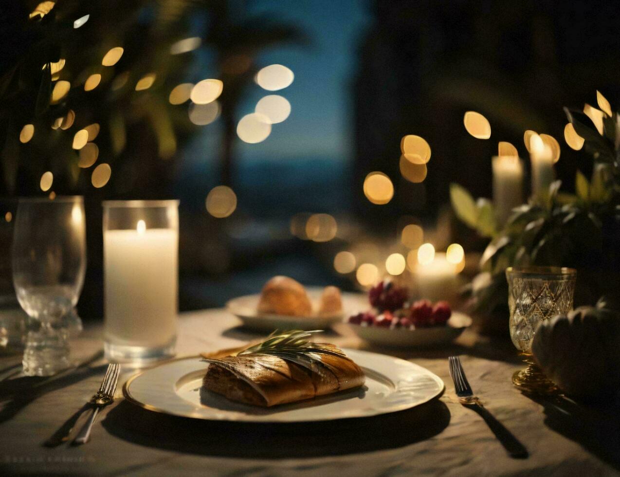 ai generado mesa ajuste para Navidad cena en el playa. selectivo enfocar. generativo ai foto