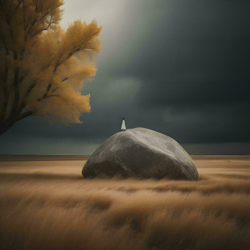 AI generated Conceptual image of a lonely boat on the background of an autumn landscape. generative ai photo