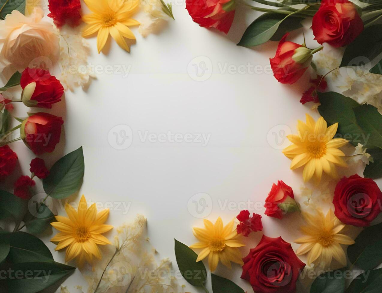 AI generated Flowers composition. Frame made of red, yellow and white roses on white background. Flat lay, top view, copy space. generative ai photo