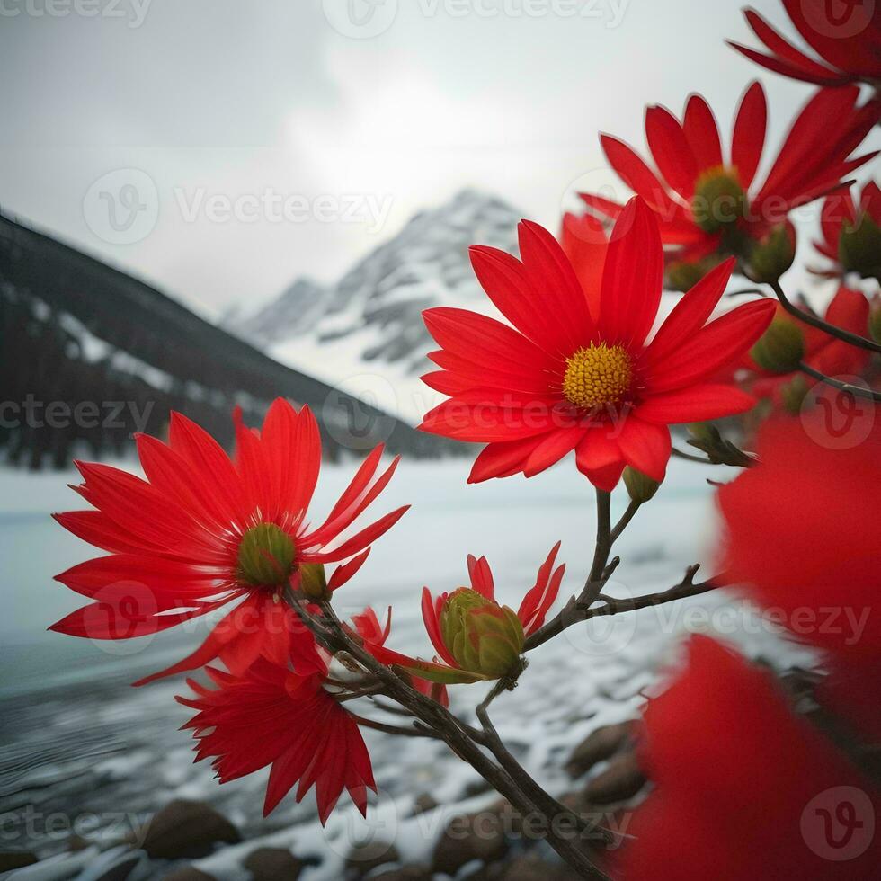 AI generated Red flowers on a background of snow capped mountains and lake. generative ai photo