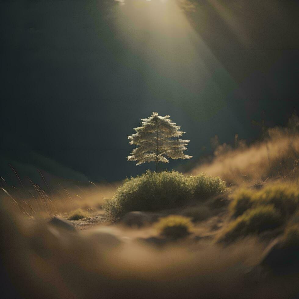 AI generated Lonely pine tree in the middle of the field. generative ai photo