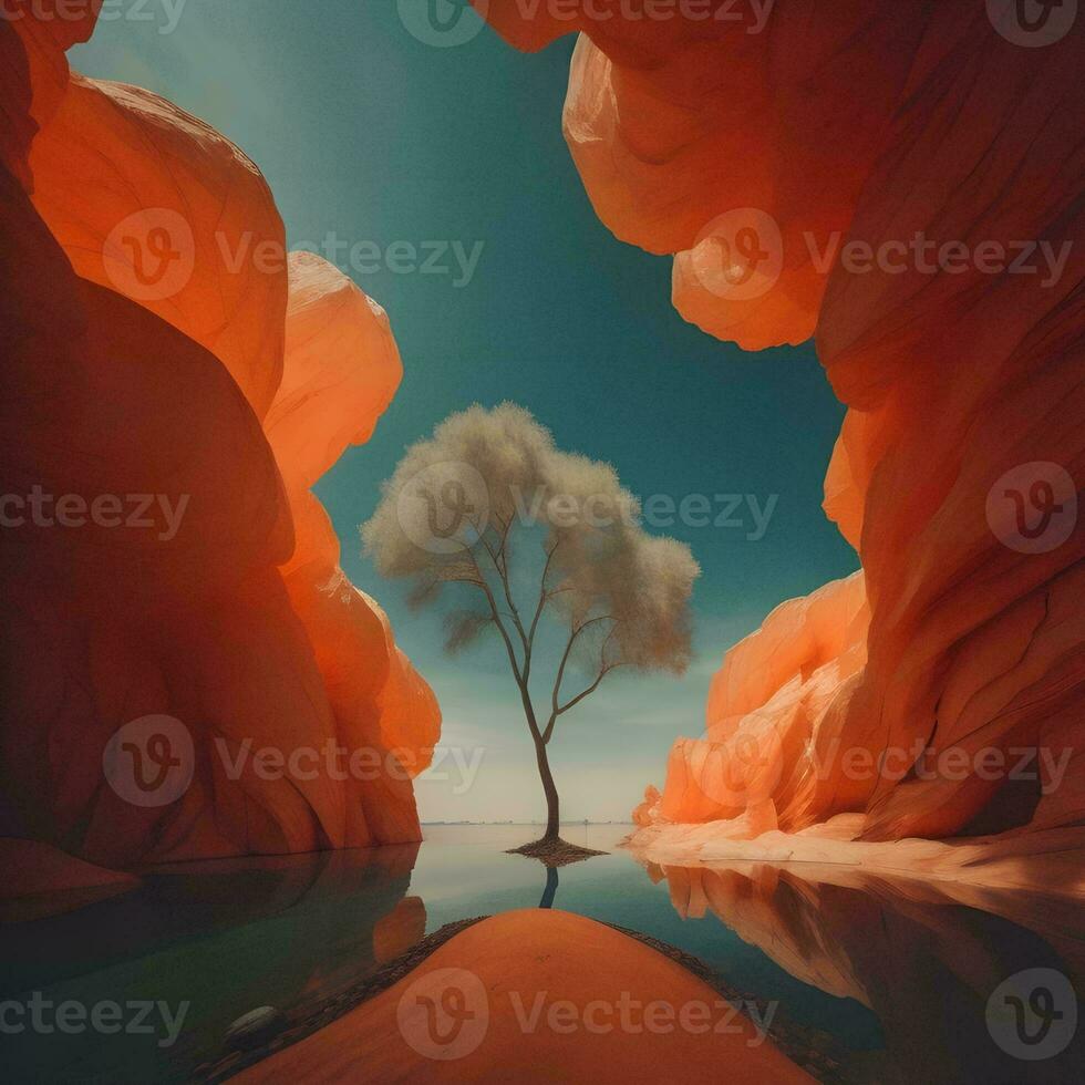 AI generated Fantasy landscape with lonely tree in the desert. generative ai photo